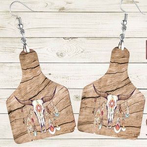 Boho Bull Skull with Feathers Cow Tag Earrings